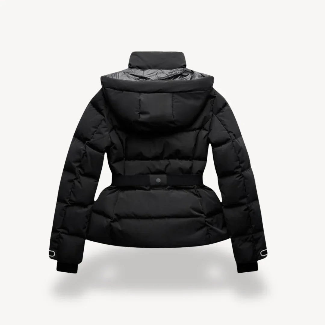 Marit belted black puffer jacket for women with hood and peplum hem, winter puffer jacket - view 2