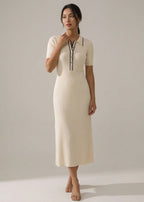 Ribbed knit polo collar midi sweater dress with contrast trim and button placket