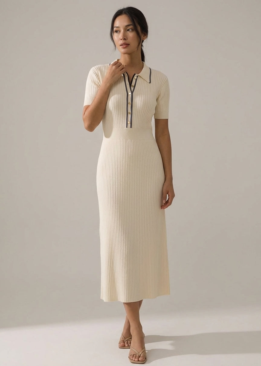 Ribbed knit polo collar midi sweater dress with contrast trim and button placket