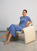 Ribbed knit polo collar midi sweater dress with contrast trim and button placket - view 2