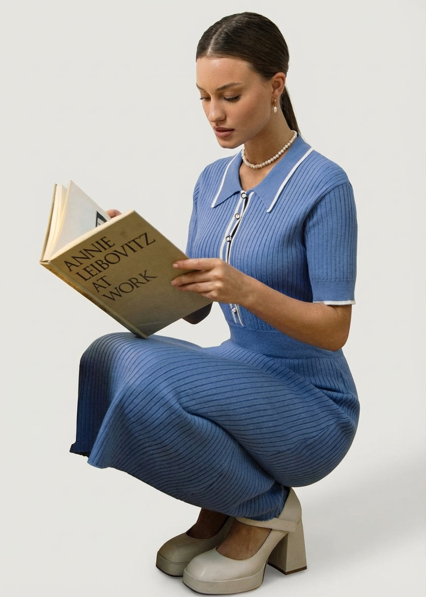 Ribbed knit polo collar midi sweater dress with contrast trim and button placket - view 4