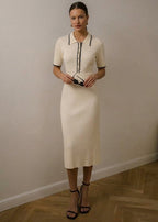 Ribbed knit polo collar midi sweater dress with contrast trim and button placket - view 5