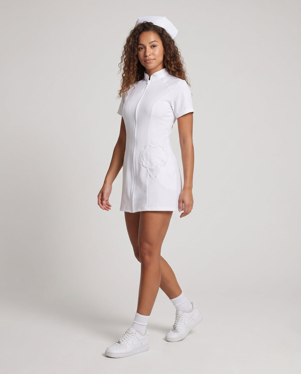 Women's zip-front nurse costume mini dress with stand collar, lace hip appliqués and nurse cap