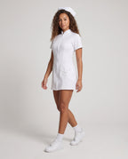 Women's zip-front nurse costume mini dress with stand collar, lace hip appliqués and nurse cap