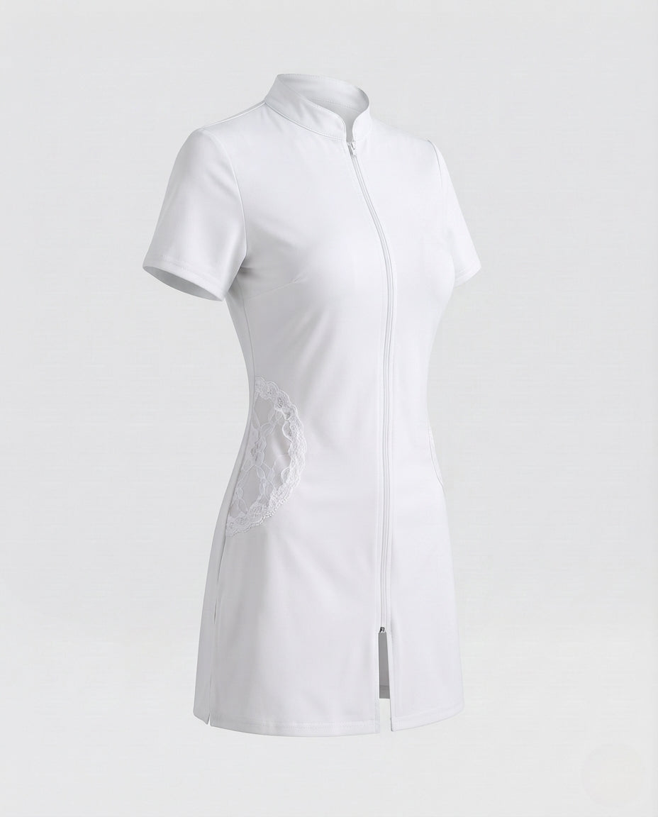 Women's zip-front nurse costume mini dress with stand collar, lace hip appliqués and nurse cap - view 5