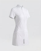 Women's zip-front nurse costume mini dress with stand collar, lace hip appliqués and nurse cap - view 5