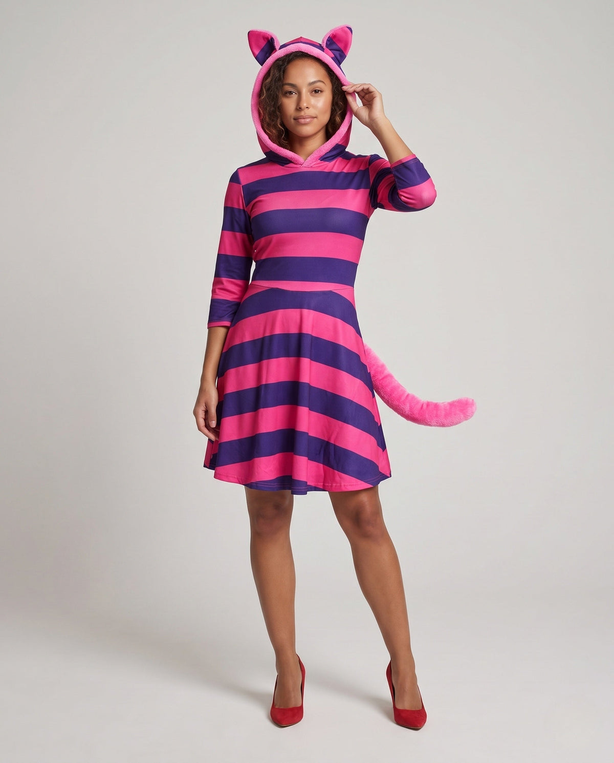 Women's pink and purple striped cat costume dress with ear hood and fluffy tail