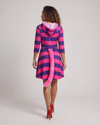 Women's pink and purple striped cat costume dress with ear hood and fluffy tail - view 3