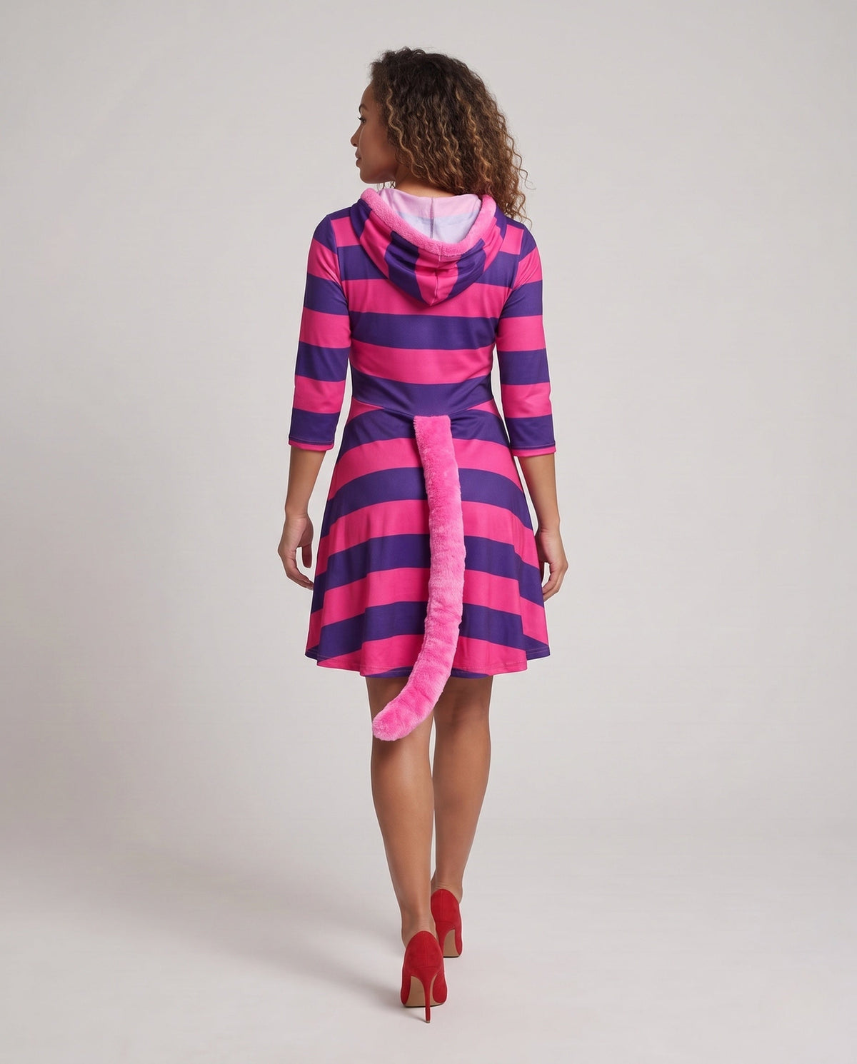 Women's pink and purple striped cat costume dress with ear hood and fluffy tail - view 3