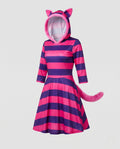 Women's pink and purple striped cat costume dress with ear hood and fluffy tail - view 4