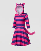 Women's pink and purple striped cat costume dress with ear hood and fluffy tail - view 4