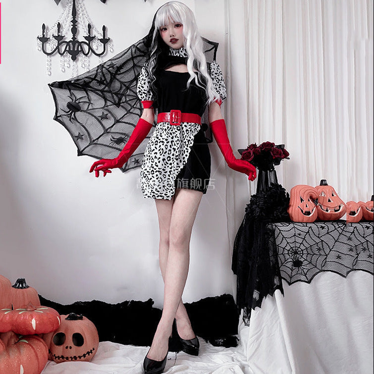 Women's black mini dress Halloween costume with leopard print panel, red belt and long red gloves
