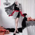 Women's black mini dress Halloween costume with leopard print panel, red belt and long red gloves