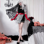 Women's black mini dress Halloween costume with leopard print panel, red belt and long red gloves