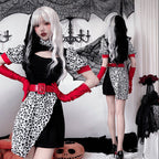 Women's black mini dress Halloween costume with leopard print panel, red belt and long red gloves - view 2