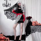 Women's black mini dress Halloween costume with leopard print panel, red belt and long red gloves - view 3
