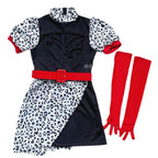 Women's black mini dress Halloween costume with leopard print panel, red belt and long red gloves - view 4