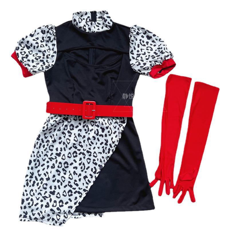 Women's black mini dress Halloween costume with leopard print panel, red belt and long red gloves - view 4