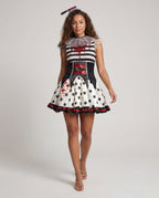 Women's creepy clown Halloween costume dress with tulle ruff collar, striped bodice, red lace-up waist and polka-dot mini skirt