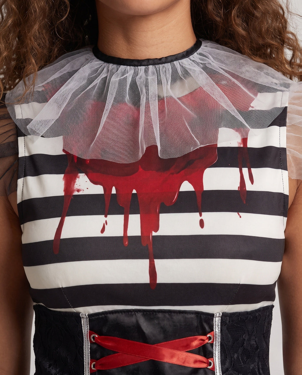 Women's creepy clown Halloween costume dress with tulle ruff collar, striped bodice, red lace-up waist and polka-dot mini skirt - view 2
