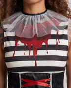 Women's creepy clown Halloween costume dress with tulle ruff collar, striped bodice, red lace-up waist and polka-dot mini skirt - view 2
