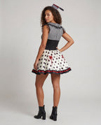 Women's creepy clown Halloween costume dress with tulle ruff collar, striped bodice, red lace-up waist and polka-dot mini skirt - view 3