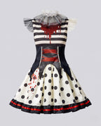 Women's creepy clown Halloween costume dress with tulle ruff collar, striped bodice, red lace-up waist and polka-dot mini skirt - view 4