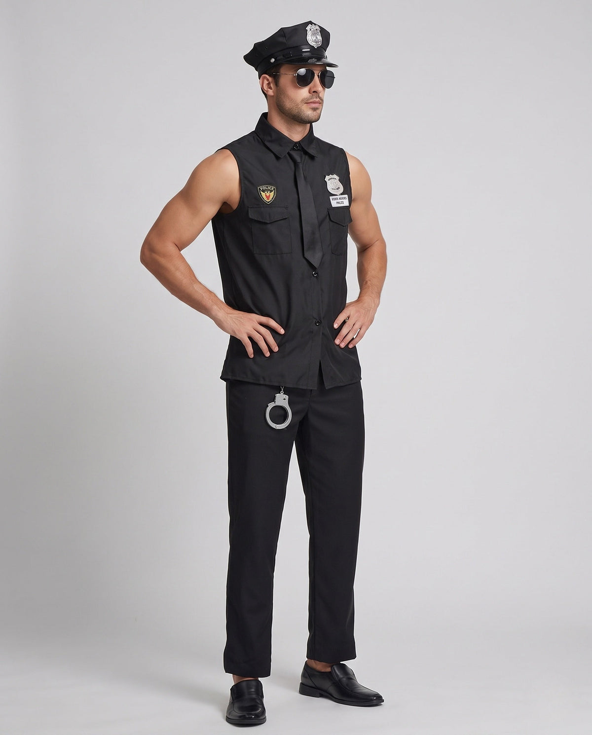 Men's black police Halloween costume with sleeveless shirt, tie and peaked hat
