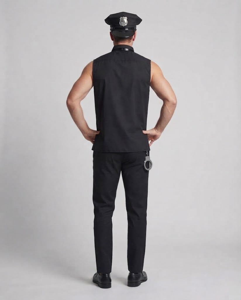 Men's black police Halloween costume with sleeveless shirt, tie and peaked hat - view 3