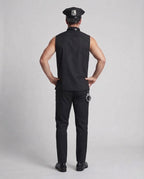 Men's black police Halloween costume with sleeveless shirt, tie and peaked hat - view 3
