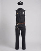 Men's black police Halloween costume with sleeveless shirt, tie and peaked hat - view 4