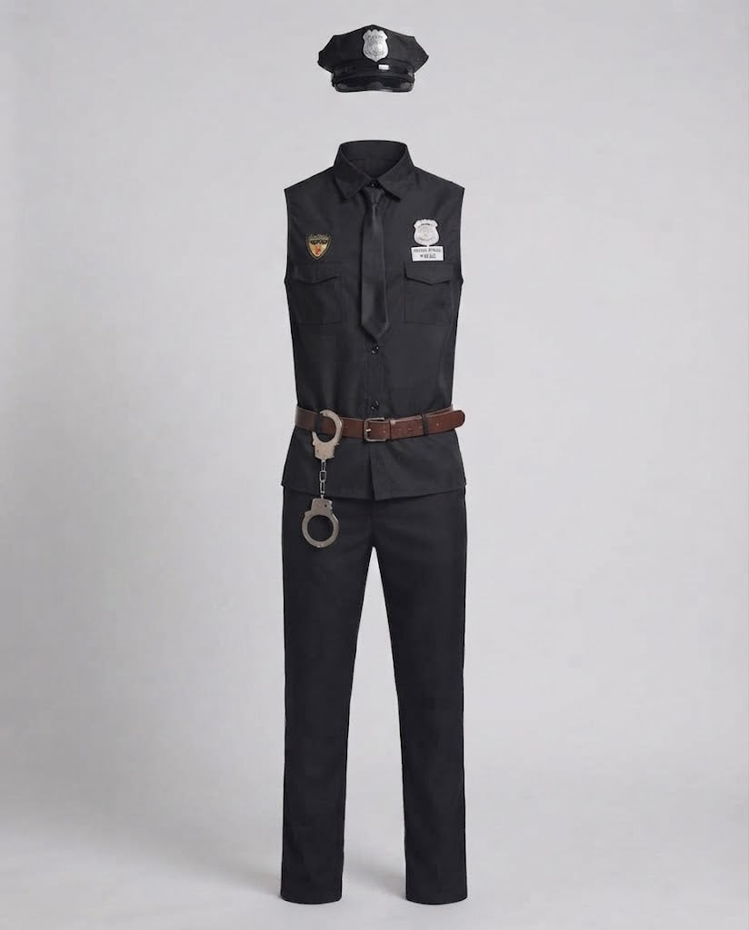 Men's black police Halloween costume with sleeveless shirt, tie and peaked hat - view 4