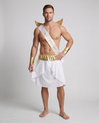 Men's Cupid Halloween costume with white wrap skirt, gold waistband, gold wings, LOVE sash and gold cuffs
