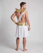 Men's Cupid Halloween costume with white wrap skirt, gold waistband, gold wings, LOVE sash and gold cuffs - view 3