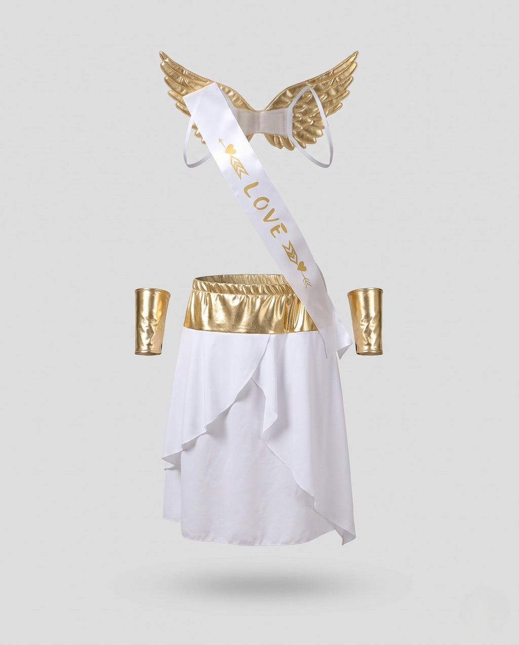 Men's Cupid Halloween costume with white wrap skirt, gold waistband, gold wings, LOVE sash and gold cuffs - view 4