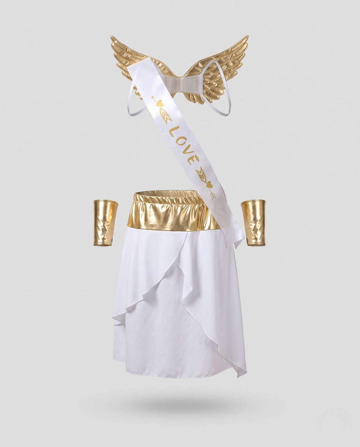Men's Cupid Halloween costume with white wrap skirt, gold waistband, gold wings, LOVE sash and gold cuffs - view 4