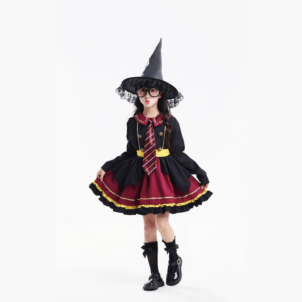 Girl wearing a black and burgundy witch costume with a pointed hat and striped tie - view 2