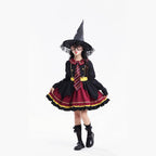 Girl wearing a black and burgundy witch costume with a pointed hat and striped tie - view 2