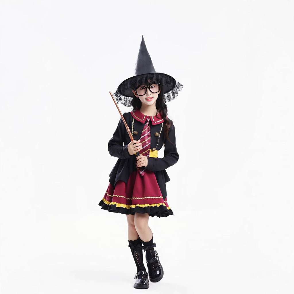 Girl wearing a black and burgundy witch costume with a pointed hat and striped tie - view 4