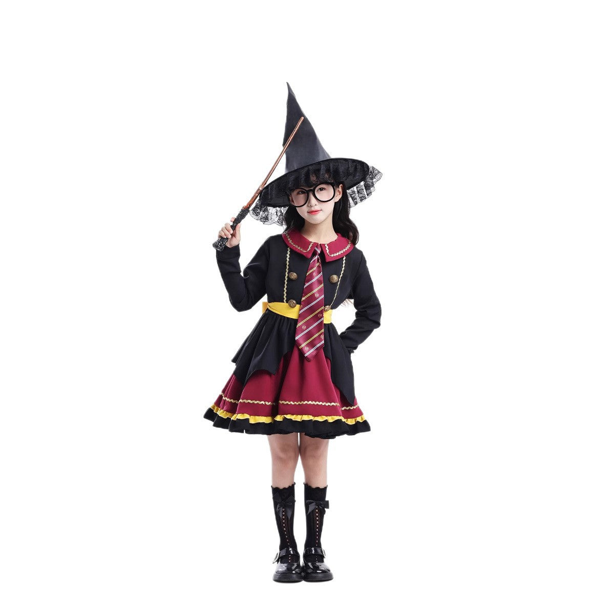 Girl wearing a black and burgundy witch costume with a pointed hat and striped tie - view 5
