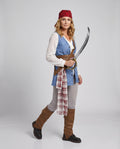 Women's pirate Halloween costume with blue vest, white ruffle blouse, plaid sash, brown belt and red bandana