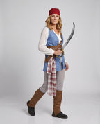 Women's pirate Halloween costume with blue vest, white ruffle blouse, plaid sash, brown belt and red bandana