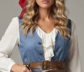 Women's pirate Halloween costume with blue vest, white ruffle blouse, plaid sash, brown belt and red bandana - view 2