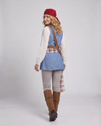 Women's pirate Halloween costume with blue vest, white ruffle blouse, plaid sash, brown belt and red bandana - view 3