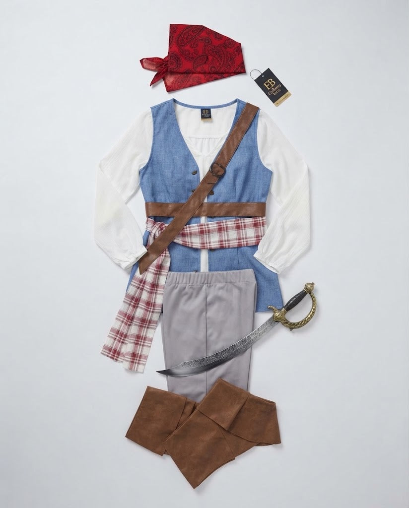 Women's pirate Halloween costume with blue vest, white ruffle blouse, plaid sash, brown belt and red bandana - view 4