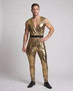 Men's gold metallic disco Halloween costume jumpsuit with deep wrap V-neck