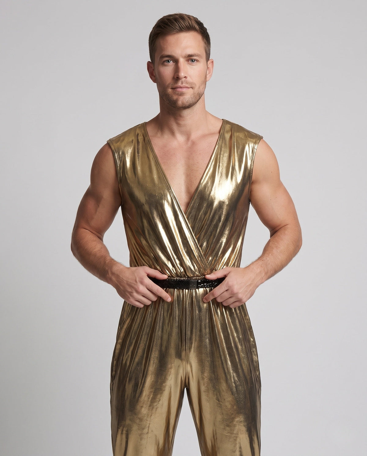Men's gold metallic disco Halloween costume jumpsuit with deep wrap V-neck - view 2