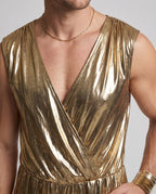 Men's gold metallic disco Halloween costume jumpsuit with deep wrap V-neck - view 3