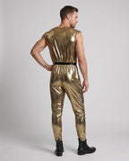 Men's gold metallic disco Halloween costume jumpsuit with deep wrap V-neck - view 4