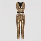 Men's gold metallic disco Halloween costume jumpsuit with deep wrap V-neck - view 5